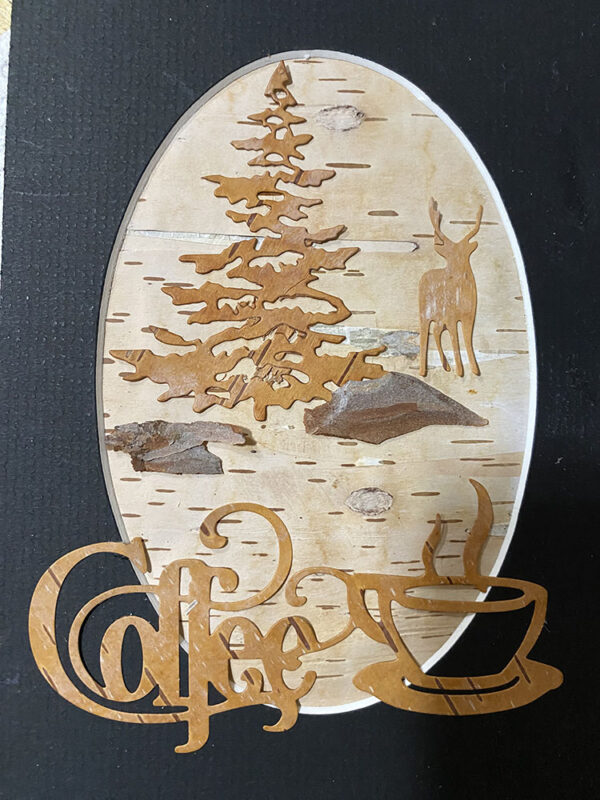 hand made card using the birch bark applique technique. The romantic atmosphere of wild nature and a cup of aromatic coffee invite you to relax in nature.