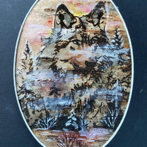 Wolf anf Forest. The cards is made engraving and watercolor on the birch bark.