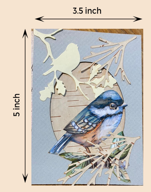 A serene watercolor painting of a delicate bird perched on a branch, set against a unique bark-textured background, beautifully framed in grey birch bark