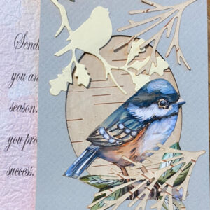 "Winter's Gentle Song" *Image Description:* A serene watercolor painting of a delicate bird perched on a branch, set against a unique bark-textured background, beautifully framed in grey birch bark.